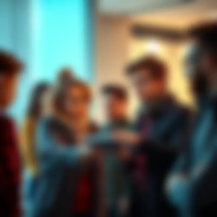 A group of people engaged in conversation while looking at a digital device, expressing curiosity about a recent online post