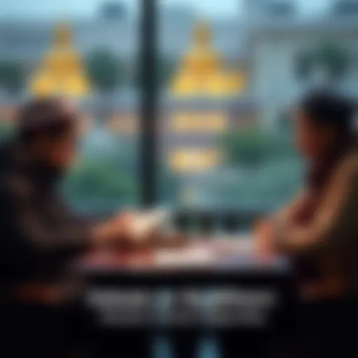 A Muslim friend and another person engage in a thoughtful debate about Buddhism, sitting across from each other with open books and notes on the table, reflecting differing viewpoints on faith.