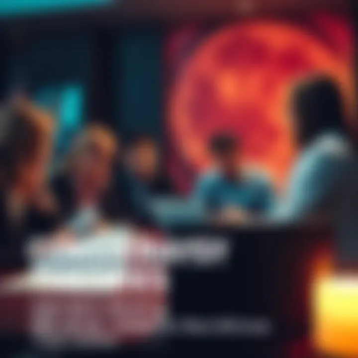 A group of people engaged in a lively discussion about conspiracy theories, with papers and a laptop on the table.