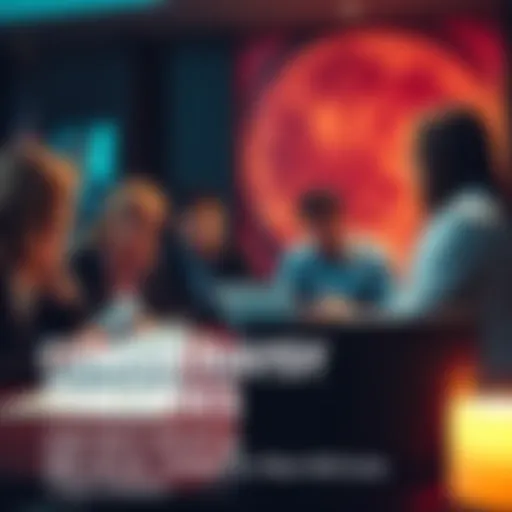 People discussing conspiracy theories A group of people engaged in a lively discussion about conspiracy theories, with papers and a laptop on the table.