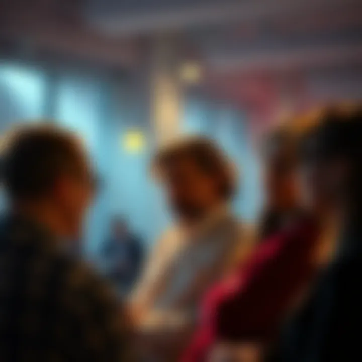 A group of people engaged in a deep conversation about idealism, afterlife, and identity, with a backdrop of soft lighting and contemplative expressions.