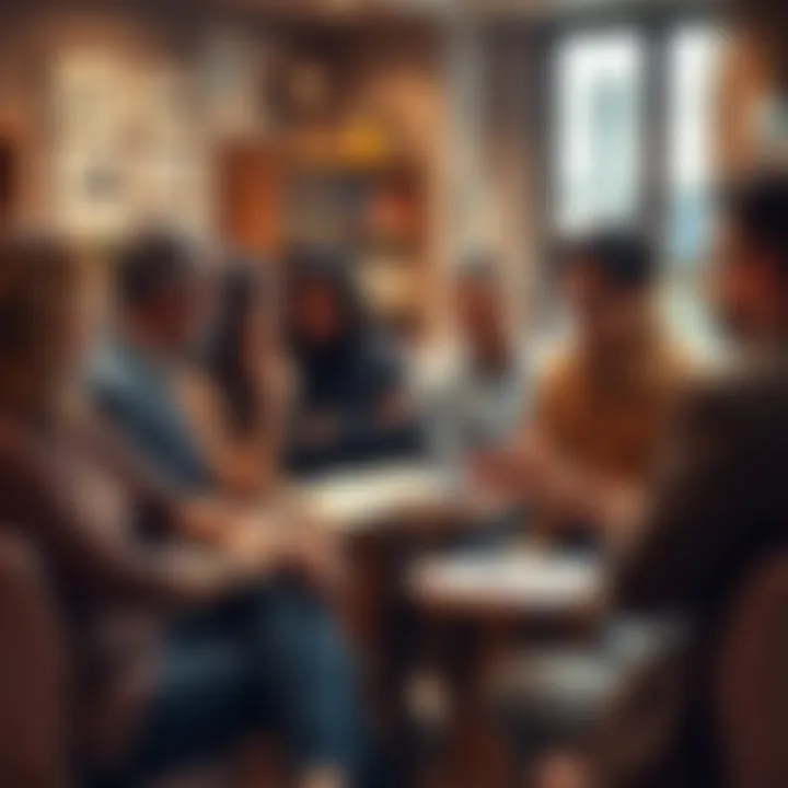 A diverse group of people engaging in conversation about the Mandela Effect in a cozy forum setting, with books and notes on memory science visible.
