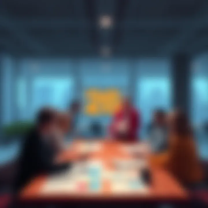 Group of people engaged in a discussion about 26F, with charts and reports on a table.