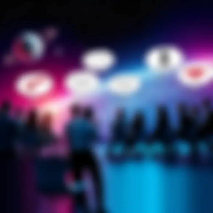 Group of people debating about the existence of extraterrestrial life with a starry background, featuring thought bubbles with aliens and planets