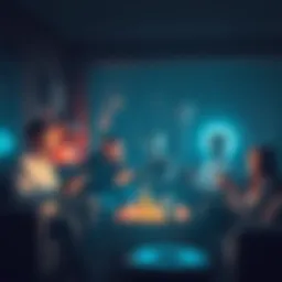 Group of people chatting about alien theories on their devices in a cozy setting