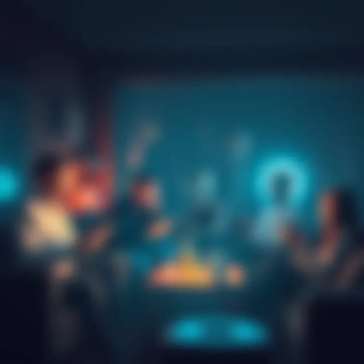 Group of people chatting about alien theories on their devices in a cozy setting