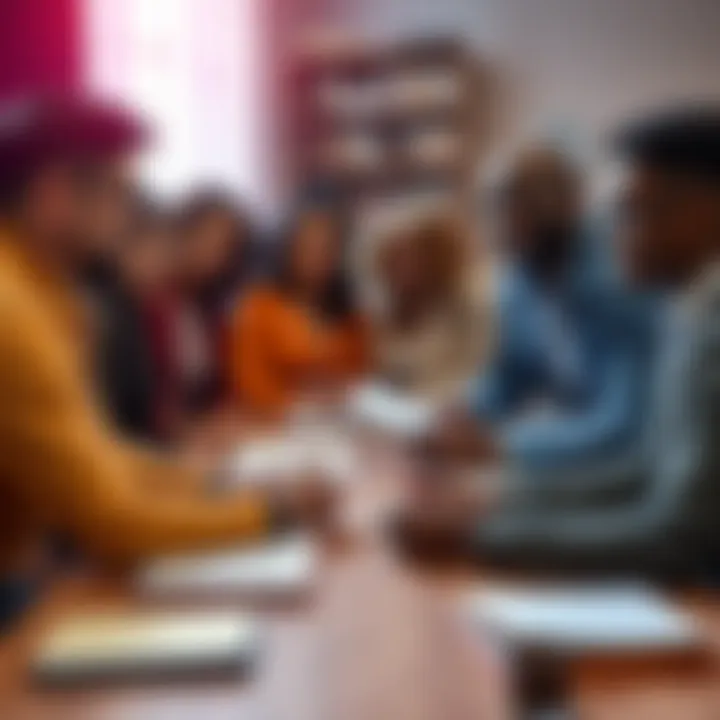 Group of diverse people engaging in a thoughtful discussion about belief in God, with books and notes on the table, symbolizing open-mindedness.