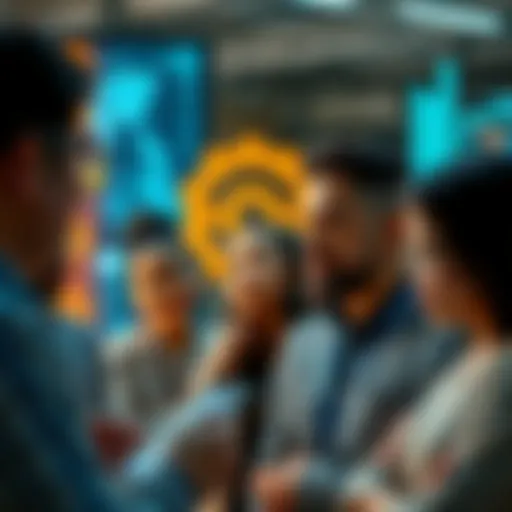 A group of diverse people engaged in a thoughtful conversation about consciousness and perception, with a digital interface displaying the topic.