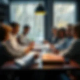 A group of people engaged in a lively discussion about different theories of consciousness, with papers and books on the table.