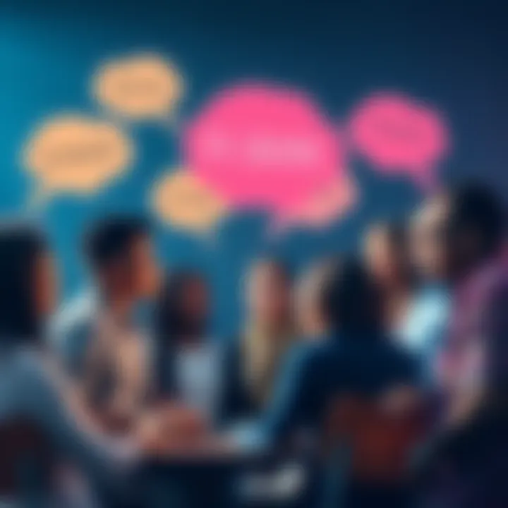 A diverse group of people engaged in a discussion about different views on consciousness, with thought bubbles illustrating various concepts like processing and existence.