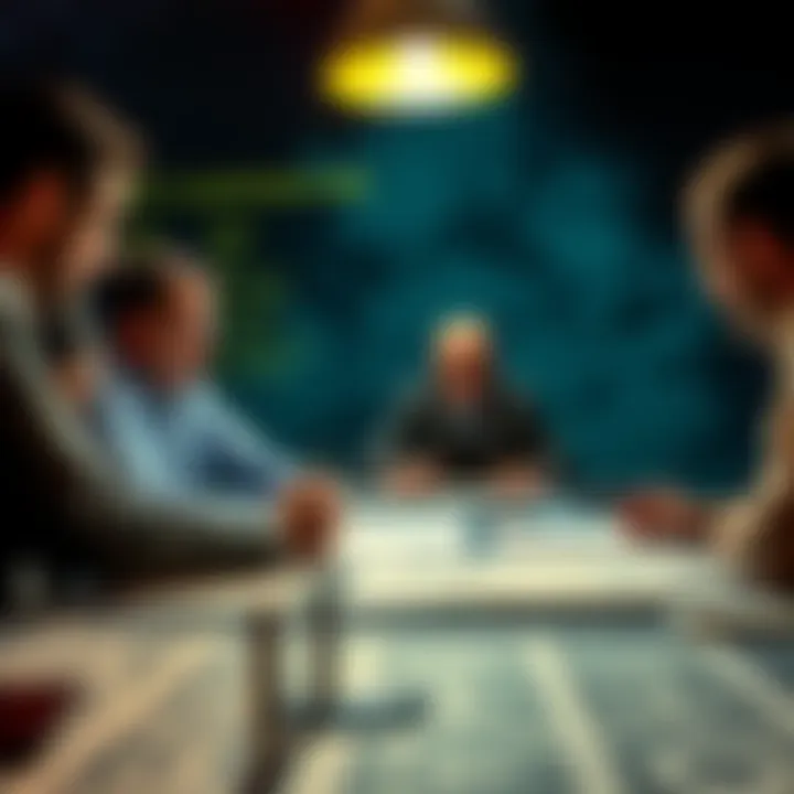 A group of people engaged in a serious discussion about conspiracy theories with documents and charts spread on a table.