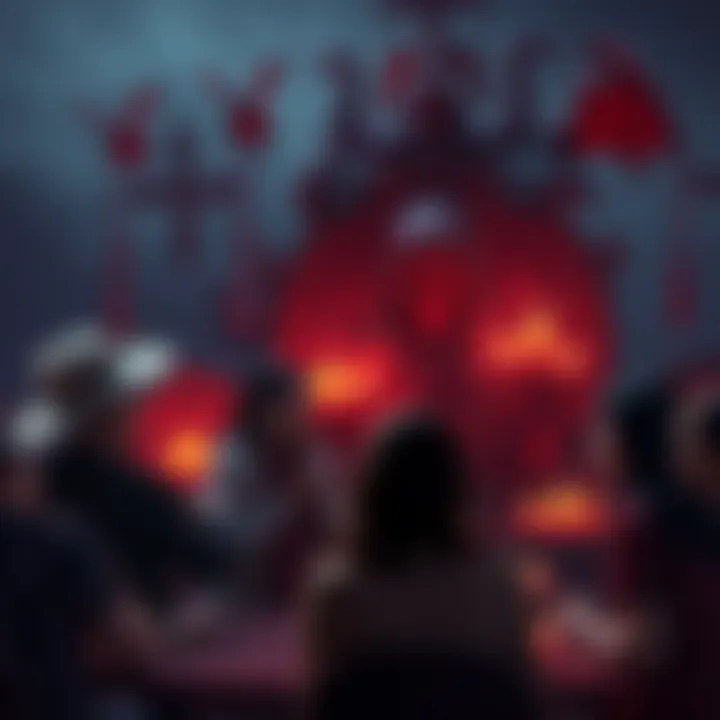 A diverse group of people engaged in conversation about demonolatry and Goetia rituals, with symbols representing demons in the background.