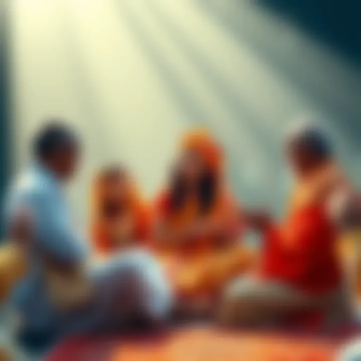 A group of people engaging in a discussion about spiritual enlightenment and teachings of Parmahansa Yogananda, Sri Anandamayi Ma, and Sri Ramana Maharishi.