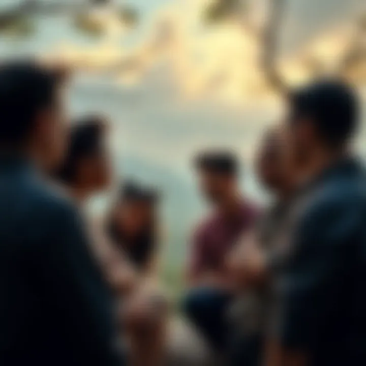 A group of people engaging in a deep conversation about existence and connection, surrounded by a serene nature backdrop