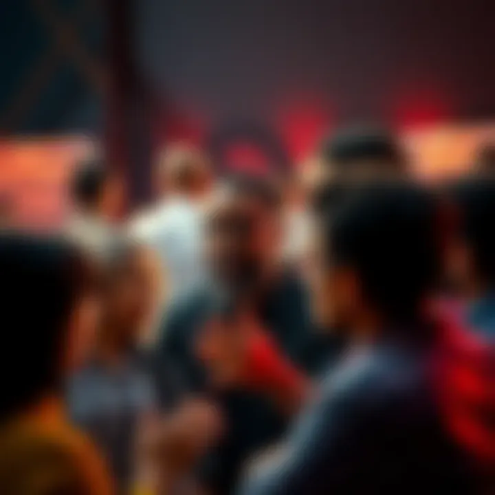 A group of people sharing thoughts about hell testimonies and beliefs, with expressive faces and gestures, creating a lively debate atmosphere.