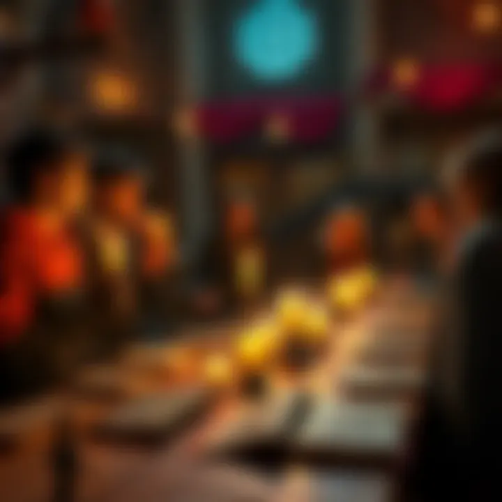 A group of people gathered around a table discussing the ethical implications of hexing in magic, with candles and books scattered about.