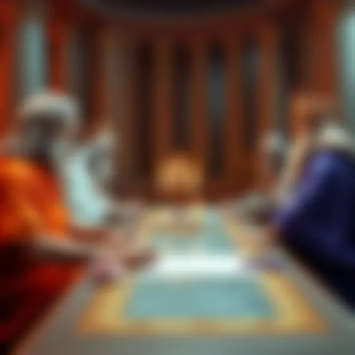 Devotees of Zeus, Athena, Themis, and Nemesis gathered around a table, sharing their thoughts on karma and justice.