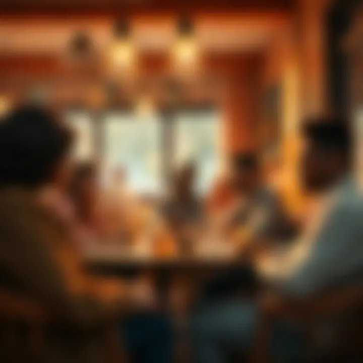 A group of people discussing concepts of life, death, and trauma in a cozy cafe setting