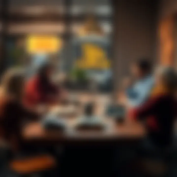 A group of people debating the reality of myths over coffee, with books about mythology on the table.