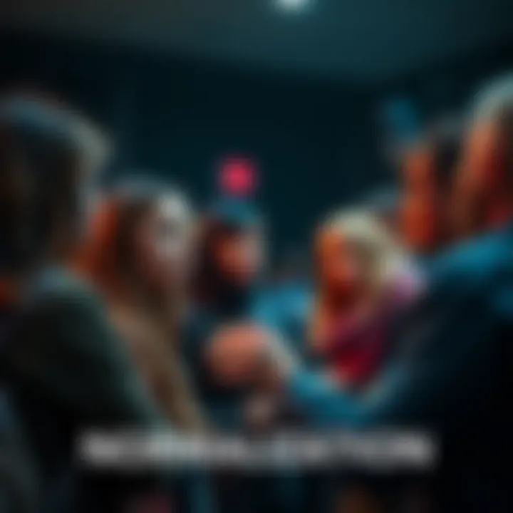 A group of concerned people discussing the societal views on pedophilia normalization in a public setting, highlighting tension and debate.