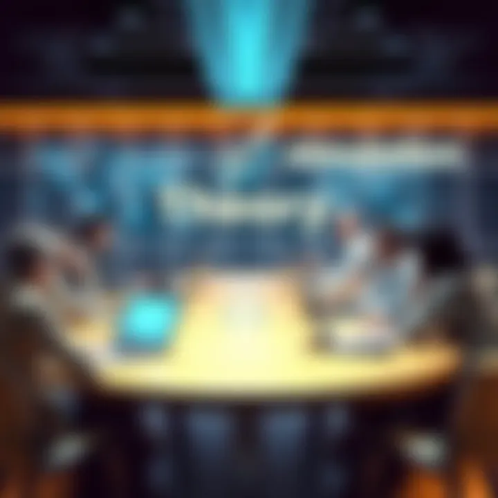 A group of people discussing simulation theory at a roundtable, with laptops and notebooks in front of them.