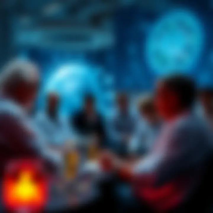 A group of scientists debating the implications of singularity in scientific theories at a conference.