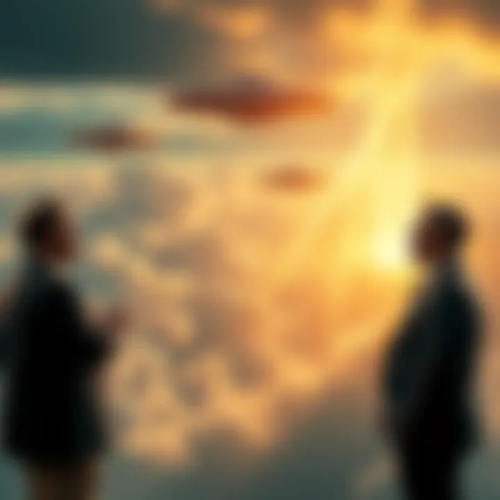 Three men in suits discussing unidentified aerial phenomena with a backdrop of clouds and light beams
