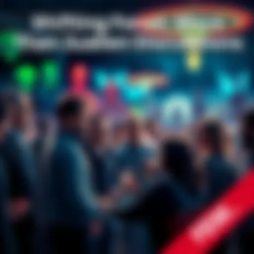 Group of people engaged in conversation about paranormal phenomena, with symbols of aliens and strange occurrences in the background.