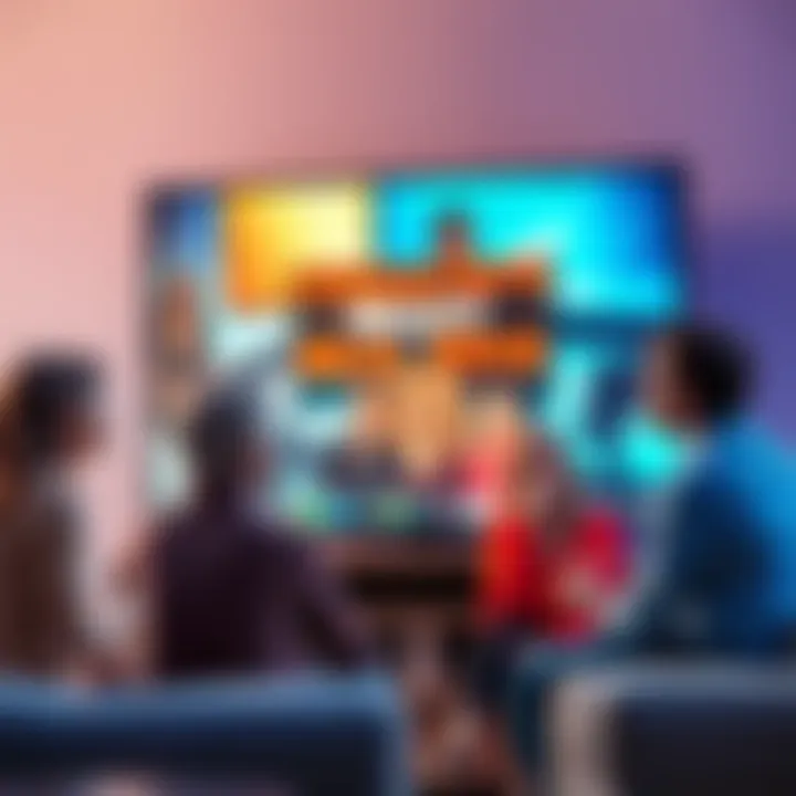 A group of people discussing the authenticity of scripted TV shows, with a TV set in the background displaying a reality show.
