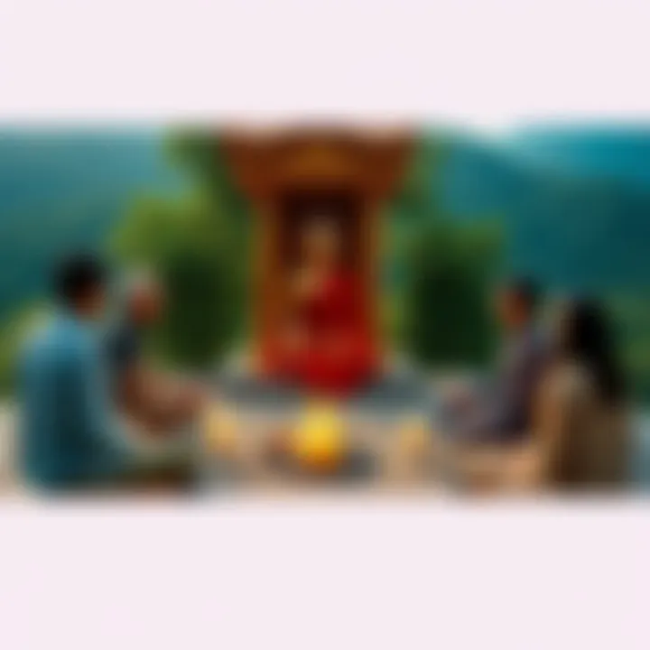 A group of people sitting in a circle, sharing thoughts on secular Buddhism and the topic of suicide, with a backdrop of nature symbolizing peace and reflection.
