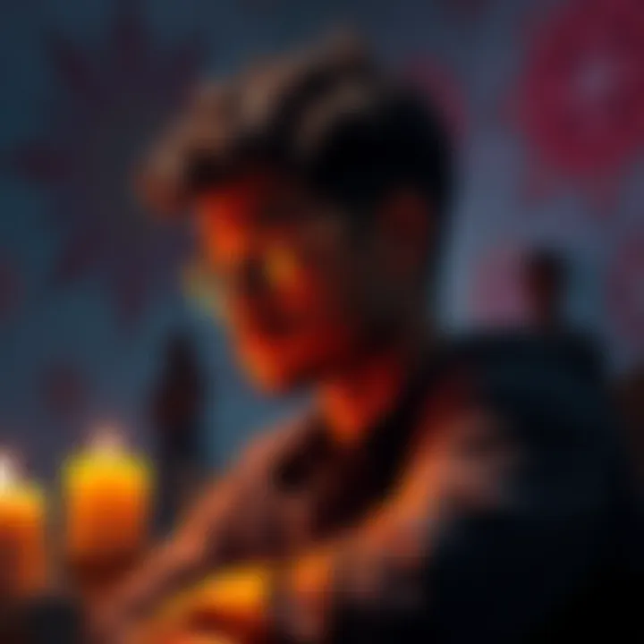 A person reflecting on a locked thread on a user board, showing expressions of contemplation and gratitude, surrounded by notes and spiritual symbols.