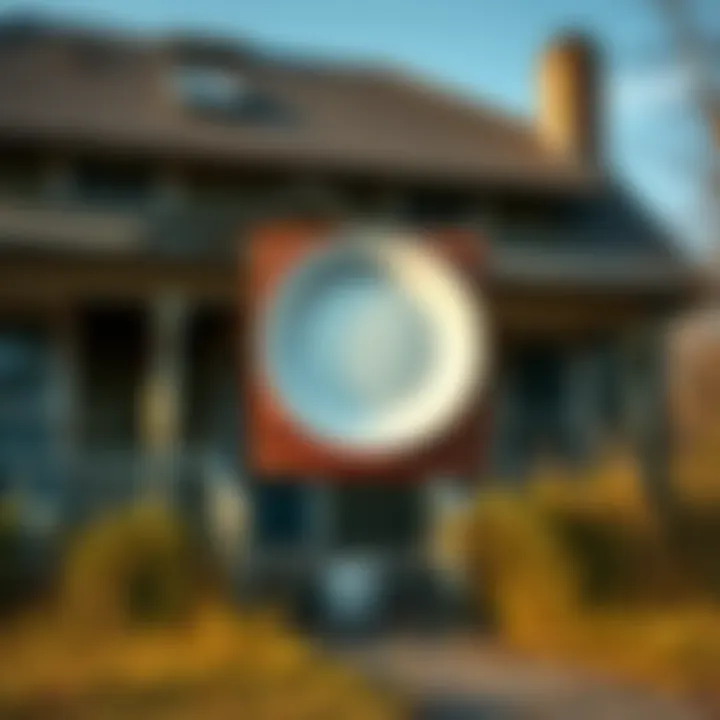 A clean dish mounted on a wooden board attached to a rundown, condemned house with overgrown grass around it.
