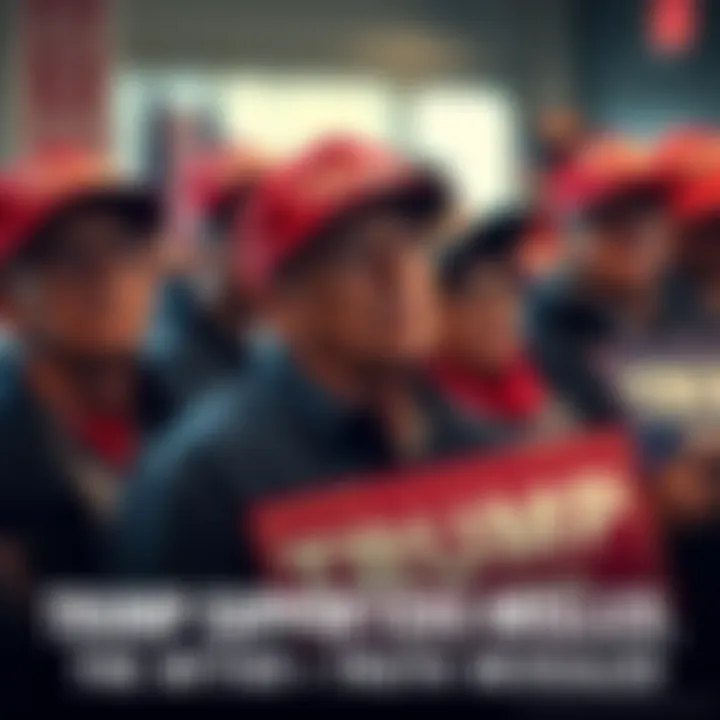 A group of Trump supporters looking disappointed and questioning their loyalty, holding campaign signs and wearing hats with Trump's slogan.