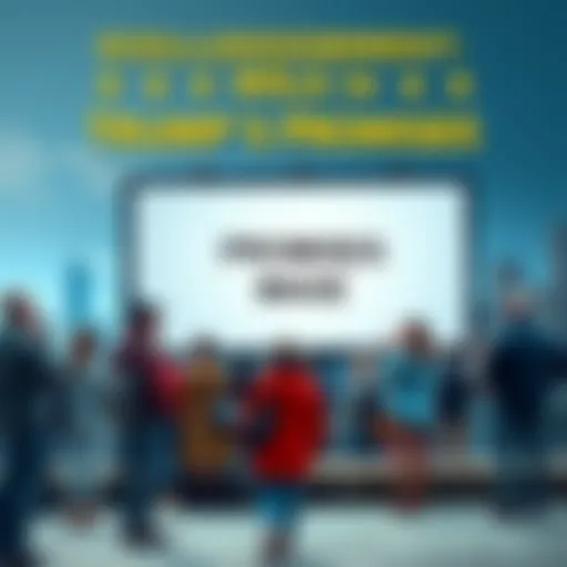 Disillusionment with Trump's Promises A frustrated group of people observing a large empty billboard labeled 'Promises Made' with a backdrop of a city skyline.