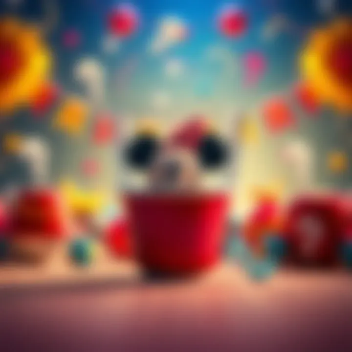Disney Character Hidden in Cup A cup with a Disney character hidden inside, surrounded by colorful decorations and question marks
