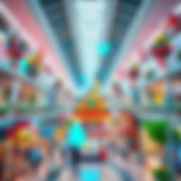 A vibrant shopping mall transformed into a Disney wonderland with colorful attractions and themed stores