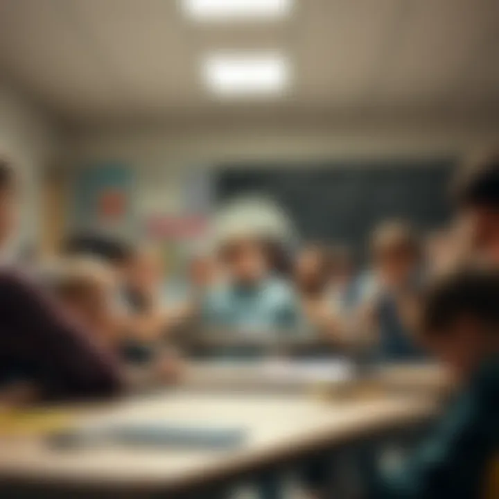 A chaotic classroom scene with students talking loudly, some ignoring the teacher, and others using their phones, showing a lack of discipline.