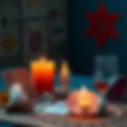 A setup for Distance Reiki featuring an orange candle, crystals, and the Empress tarot card, focused on healing the heart and sacral chakras.