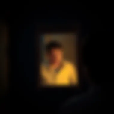 Distorted Reflection in Mirror A dark room with a mirror reflecting a distorted image of a person looking anxious at 1 AM.