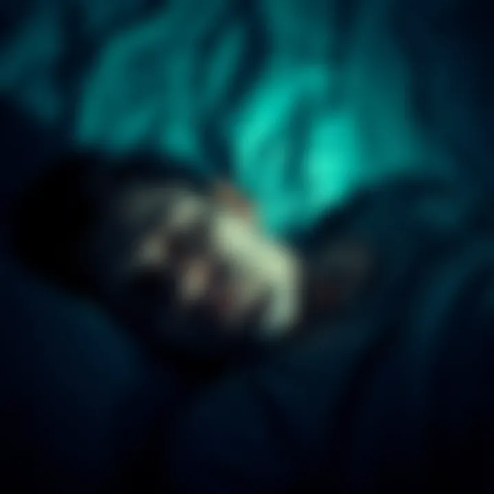 A person appears to be sleeping uneasily, with a tense expression and distorted shadows surrounding them, symbolizing lucid nightmares.