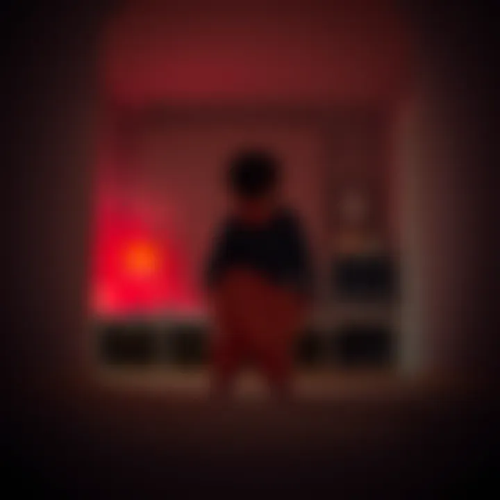 A video still showing a child with inflated pants behaving strangely in a dimly lit room at night