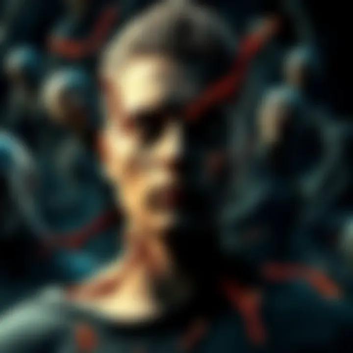 A surreal depiction of a person surrounded by dark, shadowy figures and fragmented images of anatomy, representing themes of violence and cannibalism in dreams.