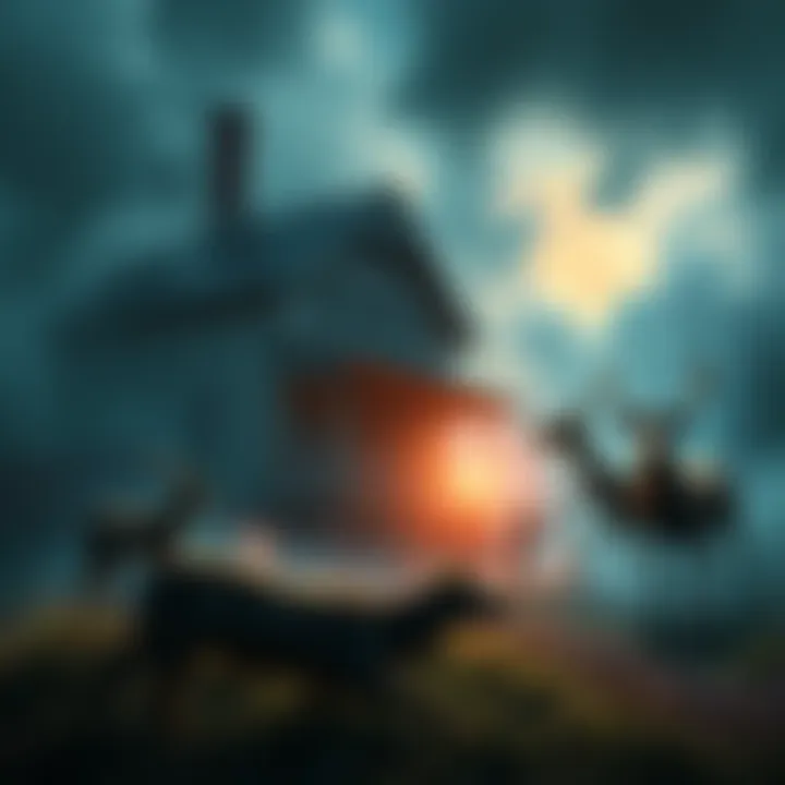 A disturbing dream scene with animals A vivid scene from a dream featuring a grandmother, a rental house, and a deer aggressively confronting a person, along with other animals.