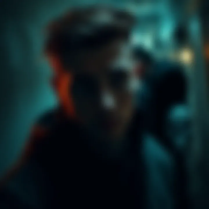 Disturbing Nightmares A young man looks distressed at night, with dark shadows and a blurry figure looming nearby, symbolizing fear and anxiety.