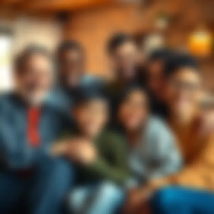 A group of people representing different family backgrounds, smiling and connecting in a warm environment.