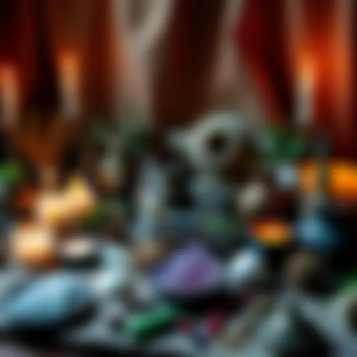 A collection of symbols and items representing various Pagan traditions, including candles, crystals, and herbs on an altar.