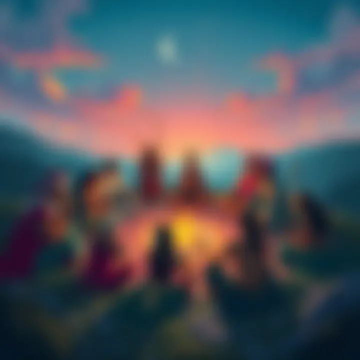 A vibrant illustration depicting diverse shamanic practitioners engaged in a circle, harmonizing their unique cultural backgrounds, surrounded by nature's beauty.