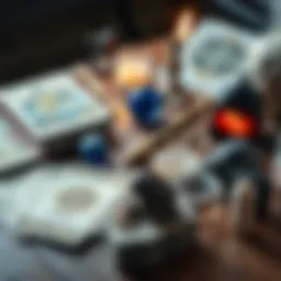 A variety of divination tools including tarot cards, a pendulum, and crystals displayed on a wooden table, inviting exploration of their use in spell work.