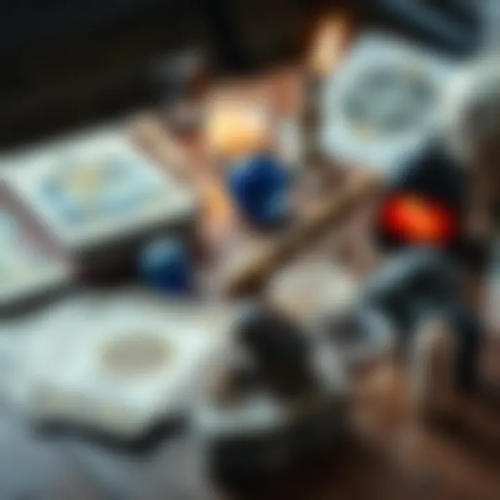A variety of divination tools including tarot cards, a pendulum, and crystals displayed on a wooden table, inviting exploration of their use in spell work.