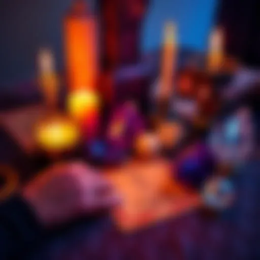 A collection of tarot cards, candles, and crystals used for divination. The scene shows a person preparing to ask a question to deities like Asmodeus.
